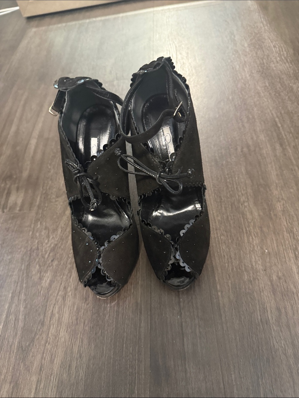 Oscar de la Renta Black Suede Peep-Toe Heels with Ankle Strap